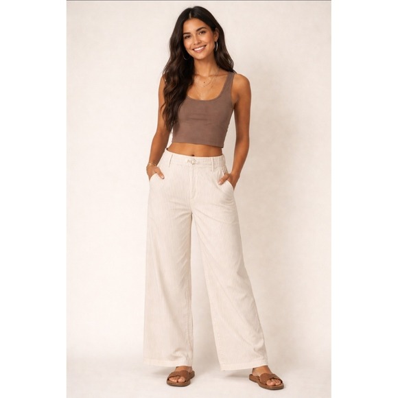 Universal Thread Pants - Chino Wide Leg Sailor Pants Womens 12 Nautical Beachy Boho Ivory Stripe Cotton